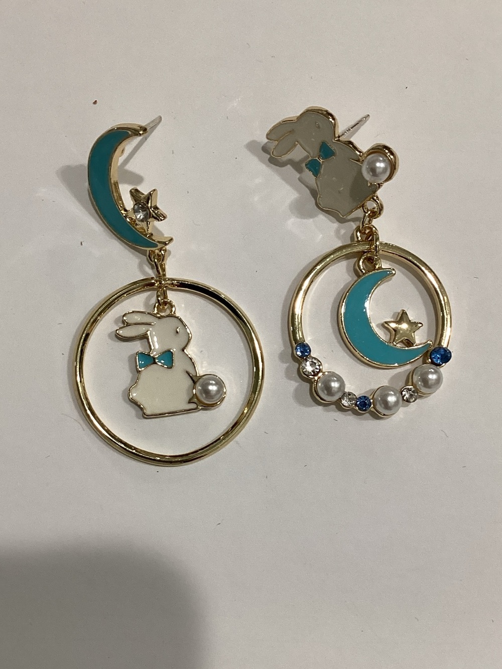 Gold and Teal Bunny Drop Earrings with Pearls
